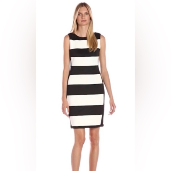 Calvin Klein Dresses & Skirts - Classy! Calvin Klein Dress 4 Black-Ivory Striped Sleeveless Sheath Dress RN54163